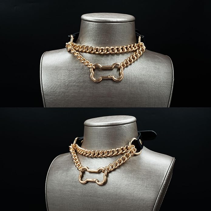 Black/Pink Leather Choker Collar For Women, Handmade Gothic Slip Chain Necklace with Bone Clasp