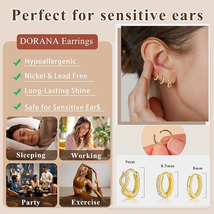 DORANA Valentines Day Gift 3 Pairs 925 Sterling Silver Earrings for Women Girls Non Tarnish Small Hypoallergenic Huggie Hoops Cartilage Stack Earring Sets for Multiple Piercing