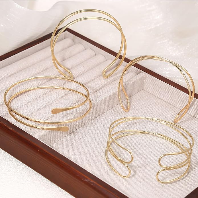 YVVLEE 4 Pieces Gold Arm Cuff Bracelets Set Jewelry Upper Coil Bangle Bracelets Adjustable Armband Set for Women