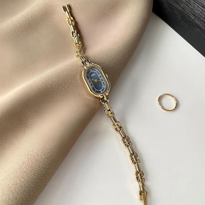 Women's Vintage Oval Watches Luxury Minimalism Bracelet Small Gold Tone Watch Ladies Analog Waterproof Watch Fashion Bangle Bracelet Dress Watch with Stainless Steel Band