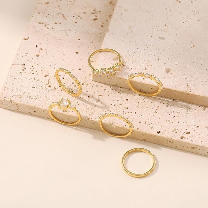 LOFITOR 6PCS Stackable Gold Rings for Women Non Tarnish Trendy Dainty 14K Gold Filled Stacking Cubic Zirconia Thumb Ring Set Pack Statement Chunky Band Rings Promise Engagement Rings Size 6-10
