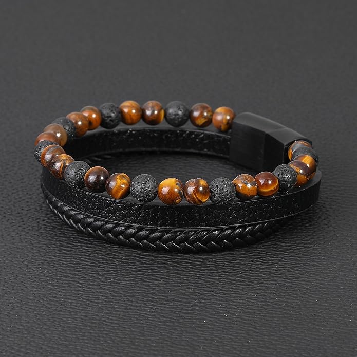 Gifts for Men - Layered Leather Beads Bracelet, Tiger Eye Lava Rock Stone Braided Leather Bracelets for Men Adjustable Magnetic Clasp Birthday Gifts