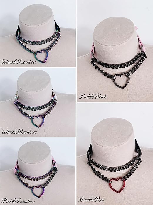 Black/Pink Leather Choker Necklace For Women, Handmade Adjustable Chain Collar with Metallic Heart Ring