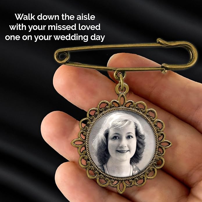 Wedding Boutonniere Bronze Gold Bouquet Photo Memorial Charm Pin Round Mother of the Bride Gift for Groom or Bride with Photo Resizing Software