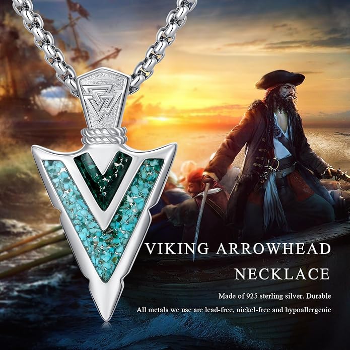 Suiknsn Arrowhead Necklace for Men Women 925 Sterling Silver Turquoise Malachite Celtic/Eye of Horus/Viking Arrow Pendant Amulet Jewelry Gifts Native American Necklace