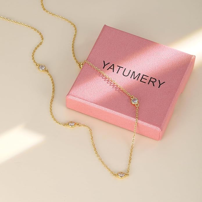 Cubic Zirconia Necklace, Dainty 14k Gold Plated Diamond Necklaces For Women Choker Necklace Simple Gold Plated CZ Jewelry Necklaces for Women Trendy Gifts