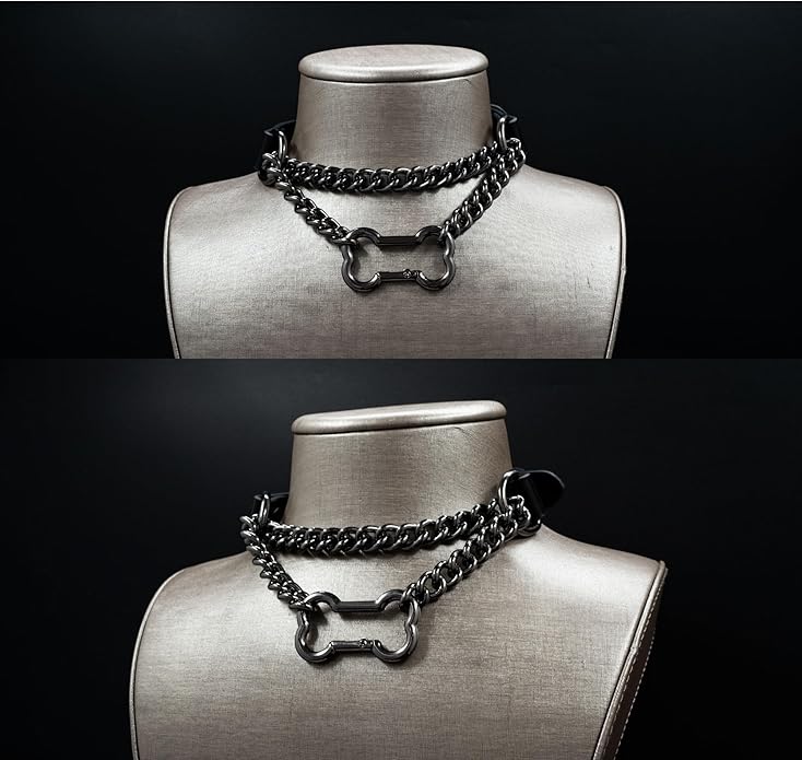 Black/Pink Leather Choker Collar For Women, Handmade Gothic Slip Chain Necklace with Bone Clasp