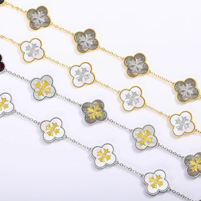 Fydesta 18K Gold Plated Clover Bracelet, Mother of Pearl Four Leaf Flower Bracelet for Women, 6.9" + 2" Adjustable Bracelet, Cross Motif, Gold or Silver Tone