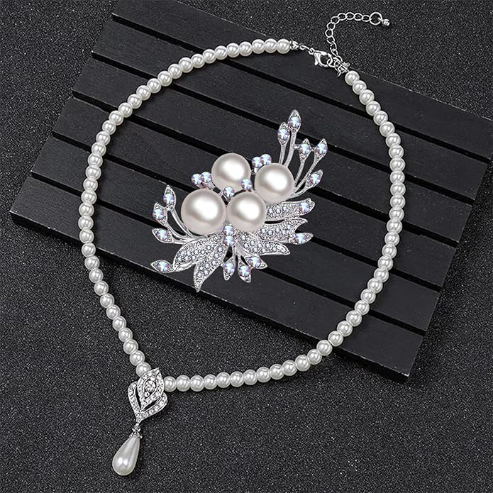 la luen Pearl Bride Wedding Jewelry Set Faux Pearls Crystal Rhinestone Necklace Earrings Bracelet Sets for Women Bridesmaid(3 PCS)