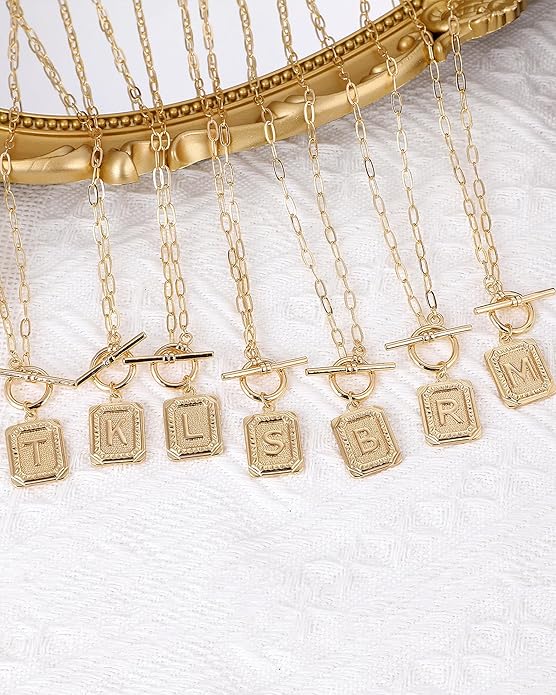MJartoria Layered Initial Necklaces for Women Trendy, 14K Gold Plated Brass Simple Star Choker Square Letter Pendant Necklace, Paperclip Chain Necklaces Jewelry Gifts