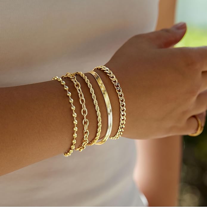 Gold Bracelets for Women Non Tainish,Dainty Bracelets Stack for Women Trendy, Gold Plated Cuff Bracelets Stack With Beaded Cuban Paperclip Snake Rope Bangle Hand Chain Jewelry Gifts for Women