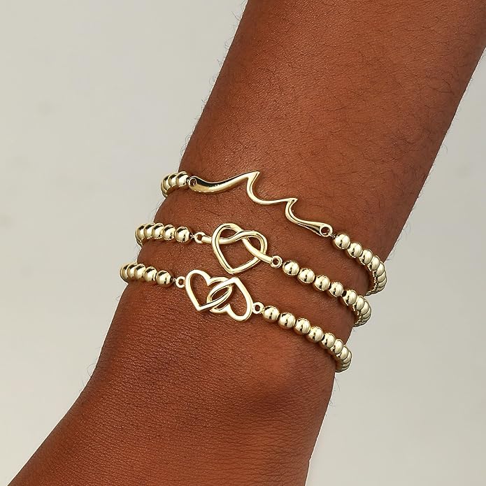Beaded Bracelet for Women Trendy Stretch Handmade Ball Charm Bracelet Dainty Cross Heart Bow Wave CZ Stackable Jewelry Charm Gifts for Her