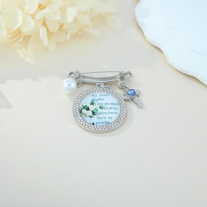 Wedding Bridal Pin, Something Blue Silver Crystal Brooch with Blue Heart Charm, Pearl Accent and Sentimental Message for Mother of Bride Gift