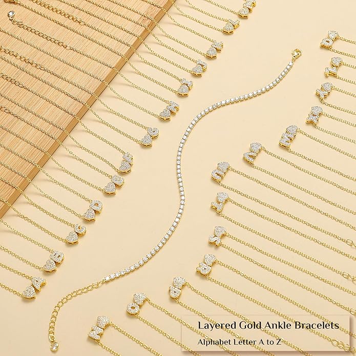 Gold Initial Ankle Bracelets for Women 14K Gold Plated CZ heart Tennis Anklets for Women Waterproof Adjustable Initial Anklets Large Ankle Summer Beach Foot Jewelry