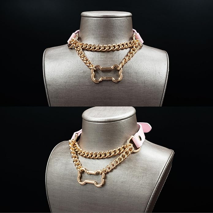 Black/Pink Leather Choker Collar For Women, Handmade Gothic Slip Chain Necklace with Bone Clasp