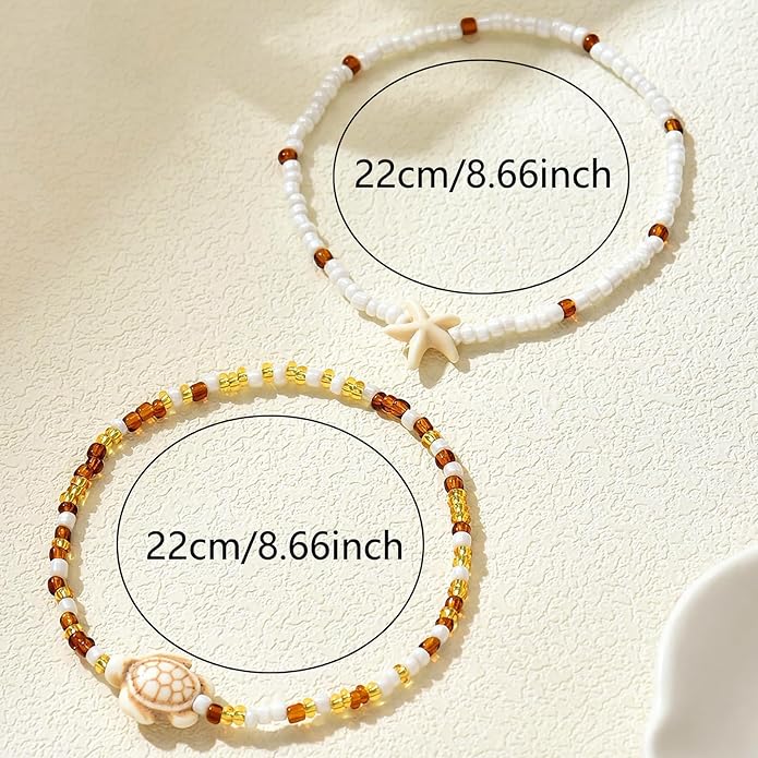 Shell Ankle Bracelet Set for Women, Gold Plated Boho Bead Adjustable Anklet, Hawaiian Beach Seashell Pearl Heart Starfish Conch Foot Jewelry Gifts