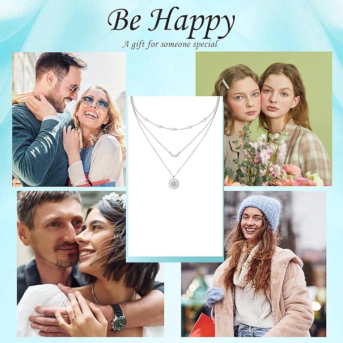 S925 Sterling Silver Layered Necklaces Multi 3 Layer Circle Bar Boho Long Triple Choker Pendant Necklace Jewerly Gift for Women