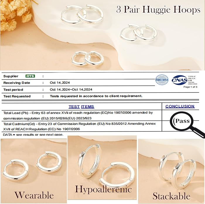 DORANA Valentines Day Gift 3 Pairs 925 Sterling Silver Earrings for Women Girls Non Tarnish Small Hypoallergenic Huggie Hoops Cartilage Stack Earring Sets for Multiple Piercing