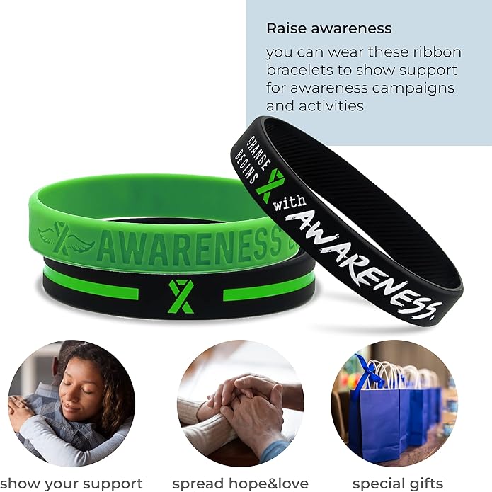 Inkstone Green Awareness Ribbon Bracelets, Variety Pack - Wholesale Pack of 12 Silicone Rubber Wristbands to Symbolize Hope, Courage, Strength, and Support - Unisex for Men Women