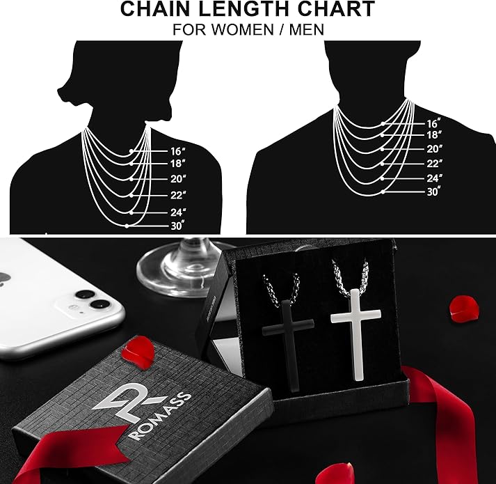 Romass 2 Pcs Cross Necklace for Men Boys,Stainless Steel Pendant Silver Black Gold Crosses Chain Jewelry Gifts Box 16-30 inches