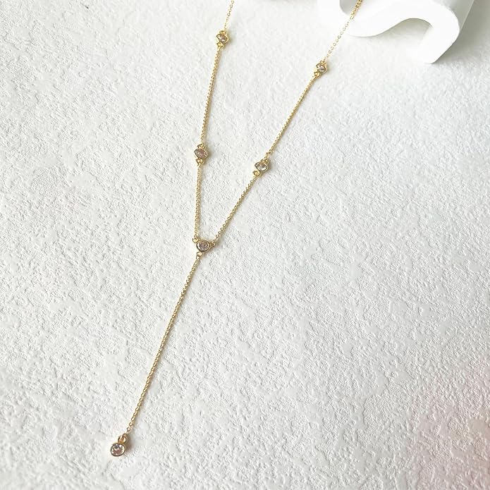 Lariat Gold Necklace for Women, Dainty Long Necklace 14k Gold Plated/Silver Y-Shaped Layered Beaded Chain Drop Necklaces for Women Trendy Simple Gold Jewelry for Women Gifts