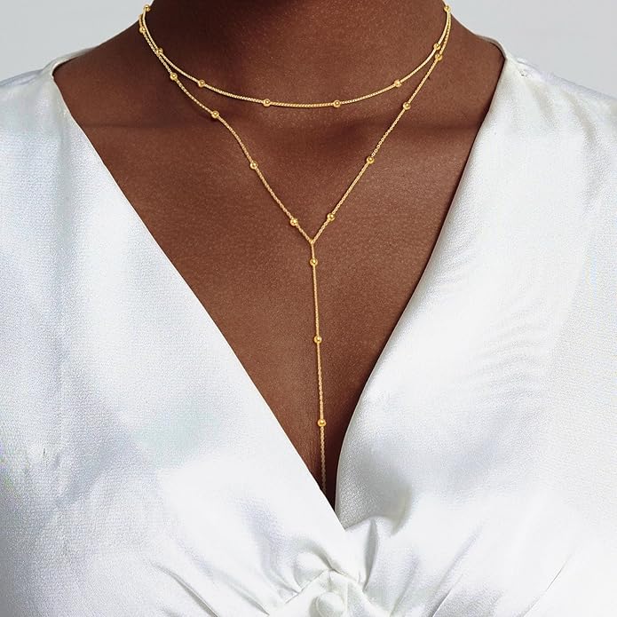 Lariat Silver/Gold Necklace for Women 925 Silver/14K Gold Plated Dainty Long Necklace Y-Shaped Drop Pendant Necklaces Choker Trendy Chain Simple Layered Necklaces CZ Jewelry for Women Set Gift