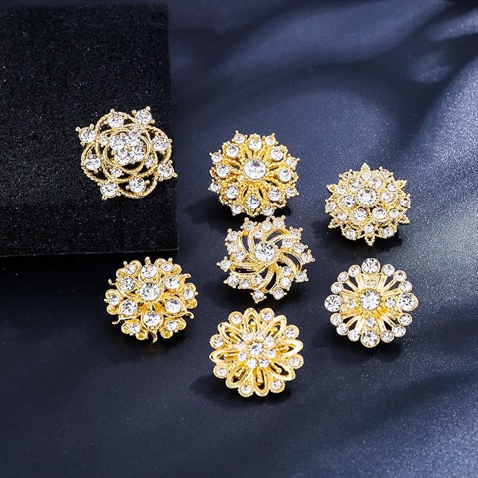 Assorted Small Size Crystal Rhinestone Flower Brooch Pins Set for Crafts Embellishment, Wedding Bouquet Brooches for Women Fashion