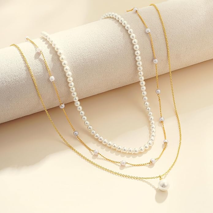 Pearl Necklaces for Women Trendy, 18K Gold/Silver Plated Layered Pearl Necklace Dainty Pearls Choker Necklace and Earring Set Simple Pearls Bracelets Wedding Prom Gold Jewelry for Women Gifts
