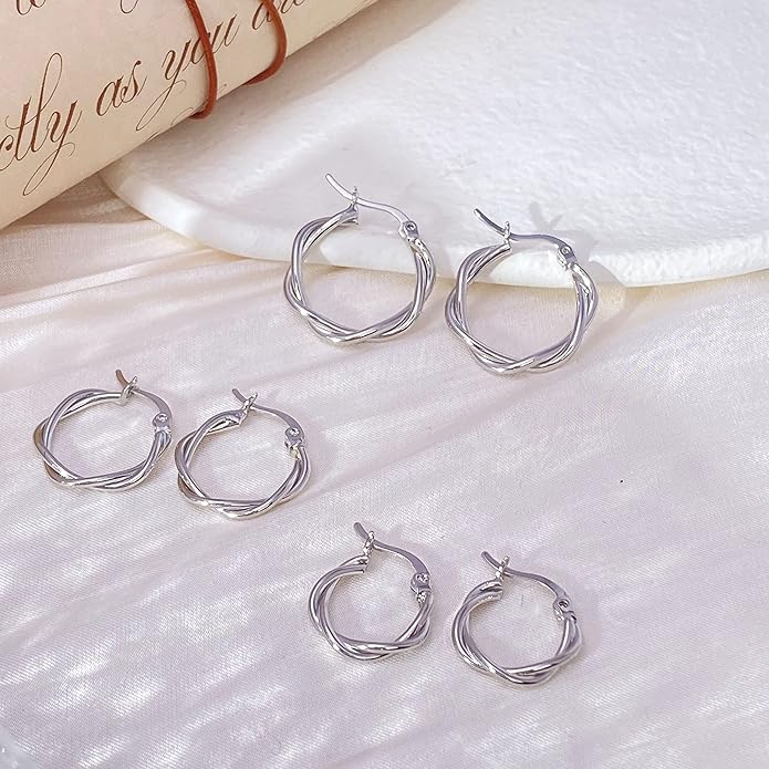 3 Pairs 925 Sterling Silver Hoop Earrings 14K White Gold Plated Small Silver Hoops Cartilage Huggie Earrings for Women Men