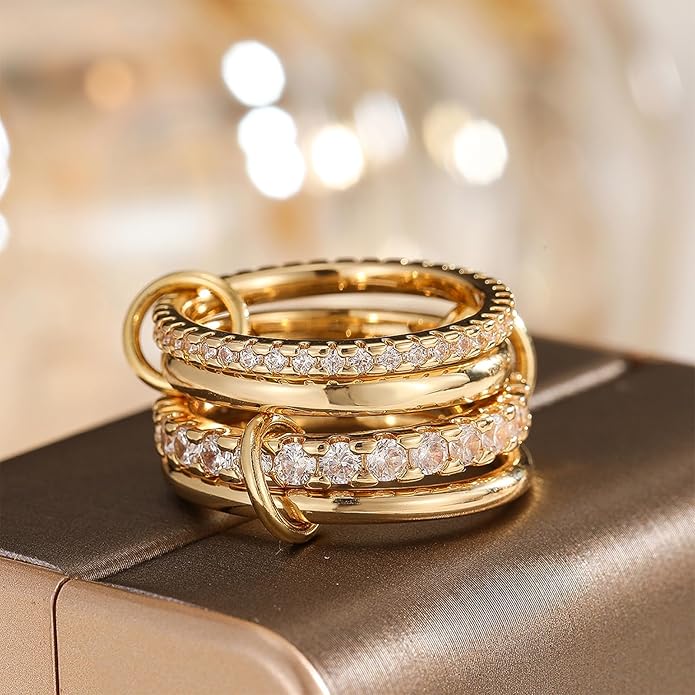 HOSICRON Gold Stackable Rings for Women Non Tarnish, Dainty Stackable 18k Gold Plated CZ Cubic Zirconia Rings, Gold Knuckle Women Rings Set