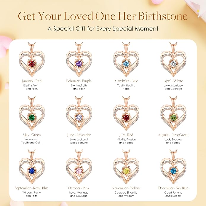 CDE Christmas Gifts for Women S925 Silver Rose Gold Heart Birthstone Necklaces for Women,Ideal Anniversary or Birthday Jewelry Gifts for Wife Girlfriend Her