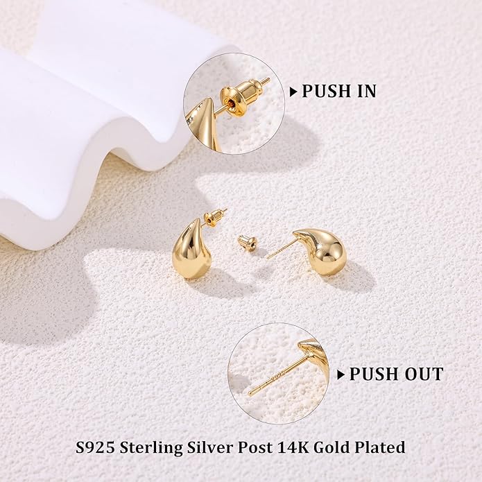 Gacimy Teardrop Earrings Dupes for Women 14K Gold Plated, Chunky Drop Earrings for Women with 925 Sterling Silver Post