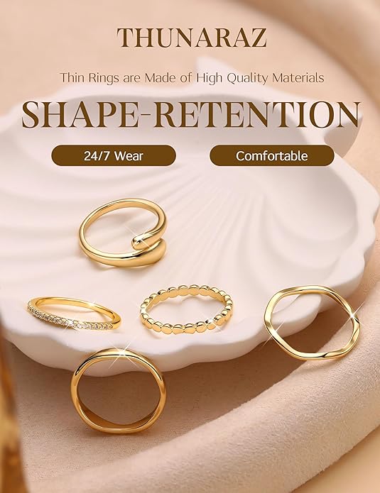 THUNARAZ 14K Gold Plated Rings for Women Non Tarnish Stackable Chunky Rings Cubic Zirconia Thumb Ring Set Dainty Trendy Statement Promise Wedding Bands Engagement Ring for Women Size 6-10
