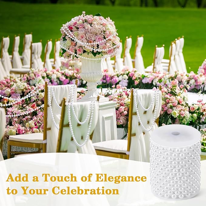 48 Feet Faux Pearl Garland, 8mm Pearl String Roll Strands, Extended String of Pearls Garland for Christmas Tree Wedding Party Decoration Centerpieces Flowers DIY Crafts (White)