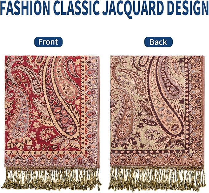 QIUTIMIY Paisley Pashmina Shawl Wrap Women Reversible Vintage Jacquard Pashmina Rave Scarf with Fringe for Evening, Wedding