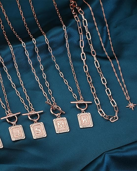 MJartoria Layered Initial Necklaces for Women Trendy, 14K Gold Plated Brass Simple Star Choker Square Letter Pendant Necklace, Paperclip Chain Necklaces Jewelry Gifts