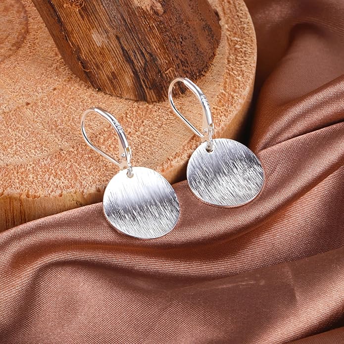 14K Gold Dangle Earrings for Women,Lightweight Circle Disc Coin Geometric Flat Brushed Drop Earrings, Hypoallergenic Leverback Earrings S925 Jewelry
