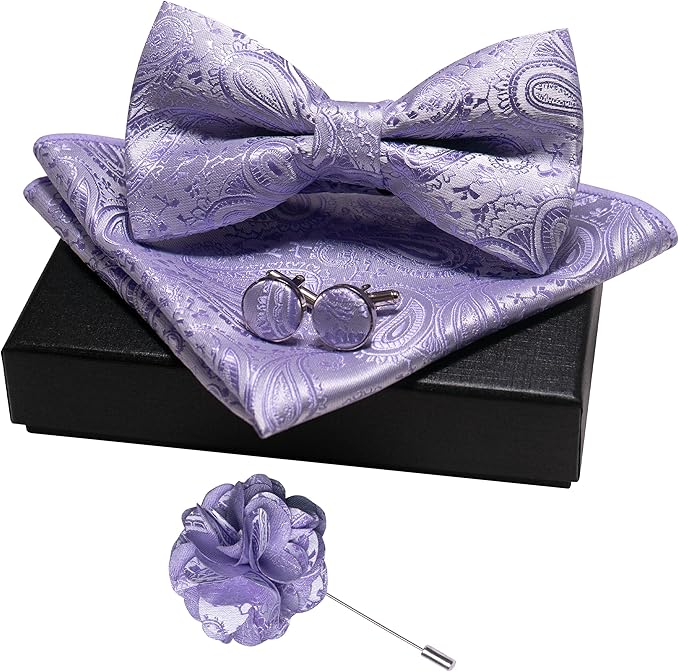 JEMYGINS Mens Paisley Bow Tie and Lapel Pin Necktie Pocket Square and Tie Clip with Sets for Business Casual 4PCS