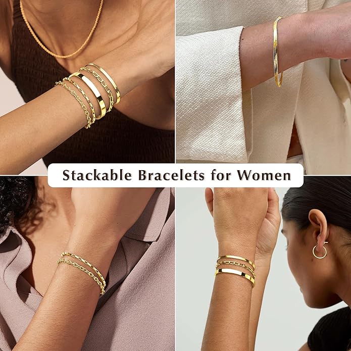 Gold Bracelets for Women Non Tainish,Dainty Bracelets Stack for Women Trendy, Gold Plated Cuff Bracelets Stack With Beaded Cuban Paperclip Snake Rope Bangle Hand Chain Jewelry Gifts for Women