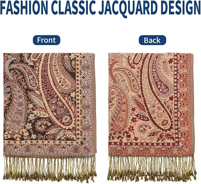 QIUTIMIY Paisley Pashmina Shawl Wrap Women Reversible Vintage Jacquard Pashmina Rave Scarf with Fringe for Evening, Wedding