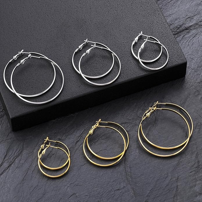 Gold Silver Plated Hoop Earrings for Women Hypoallergenic Stainless Steel Gold Hoops Earrings Lightweight Large Small Hoop Earrings Set