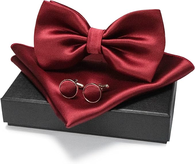JEMYGINS Solid Color mens Pre-tied Bow Tie and Pocket Square Cufflinks Sets with Gift Box