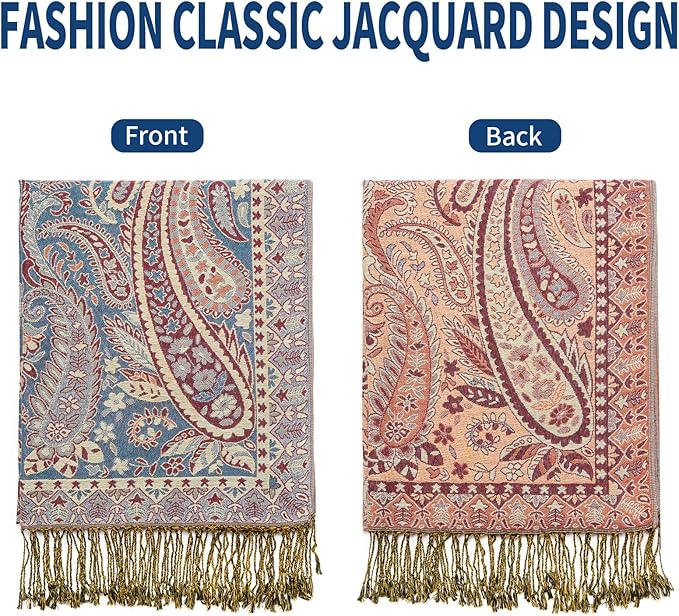 QIUTIMIY Paisley Pashmina Shawl Wrap Women Reversible Vintage Jacquard Pashmina Rave Scarf with Fringe for Evening, Wedding