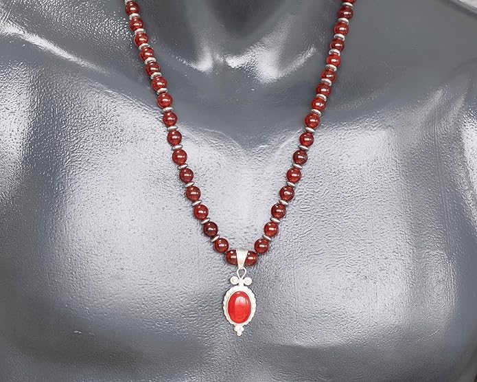 Natural Carnelian Agate Silver Pendant, Genuine Black Onyx Beaded Necklace, Gemstone Strong Necklace, 18x13 Cabachon, Fashion Dainty Jewelry, Healing Crystal Chakra Necklace, Minimalist Necklace