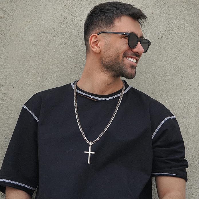 MILACOLATO 925 Sterling Silver Cross Necklace Men - Beveled Edge Cross Pendant with 5mm 316L Stainless Steel Cuban Link Curb Chain Crucifix Necklaces Silver Jewelry for Men Women, 18-30'' Christian Baptism Gift