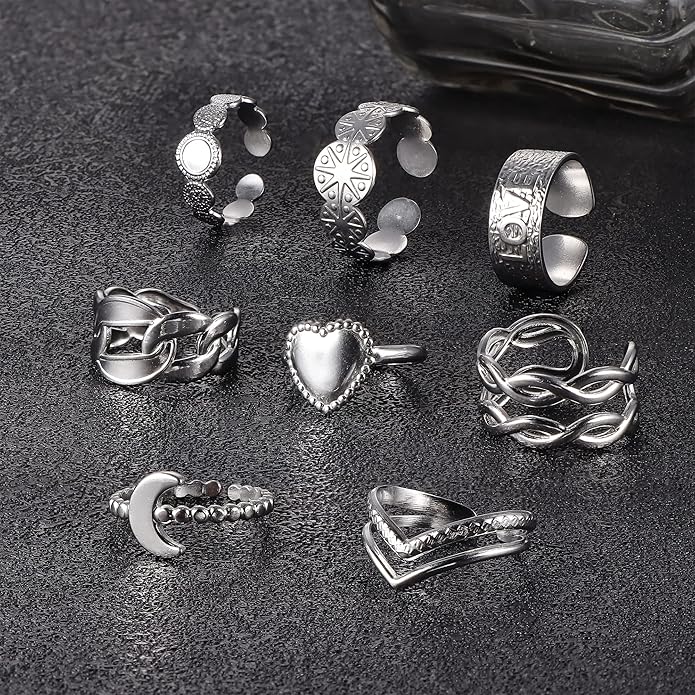 LOLIAS 16Pcs Stainless Steel Rings for Women Chunky Silver Rings Non Tarnish Stackable Ring Open Adjustable Thumb Finger Statement Rings Set