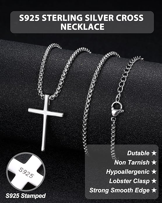 TEN MIRO S925 Sterling Silver Cross Necklace for Men Solid Sterling Silver Cross Pendant Necklace Boys Mens Cross Necklace Jewelry Gifts with Box & Card Birthday Anniversary Christmas Father's Day