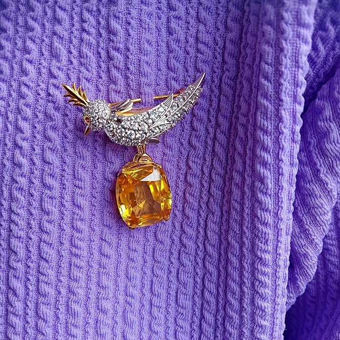 3.00 Ct Cushion Simulated Yellow Citrine & Diamond Women Bird Brooch 14K Yellow Gold Finish