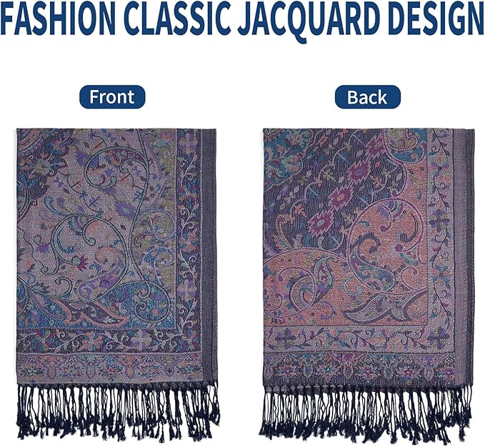 QIUTIMIY Paisley Pashmina Shawl Wrap Women Reversible Vintage Jacquard Pashmina Rave Scarf with Fringe for Evening, Wedding