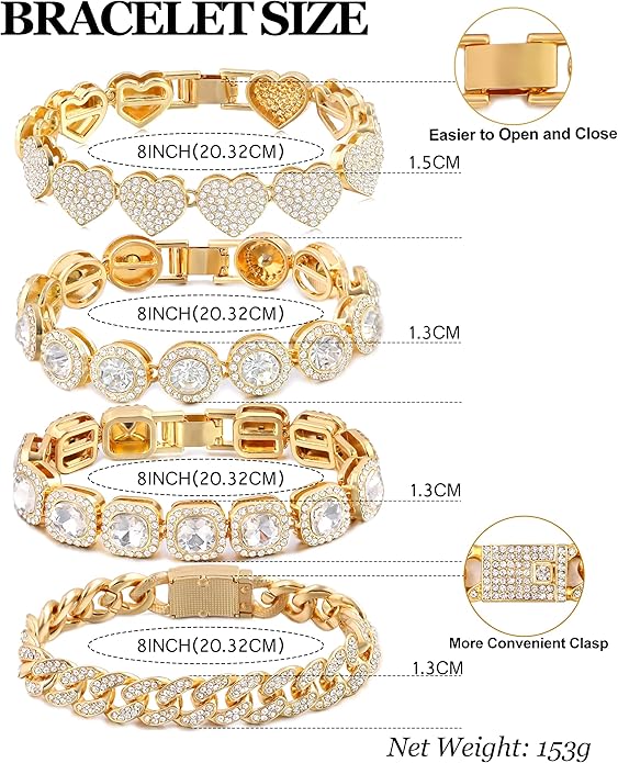 shopbyskyler 4PCS Gold Bracelets for Women Silver Clustered Tennis Bracelet for Women Heart Round Diamond Cuban Bracelet Layered Link Bracelet Set Fashion Jewelry for Women Set